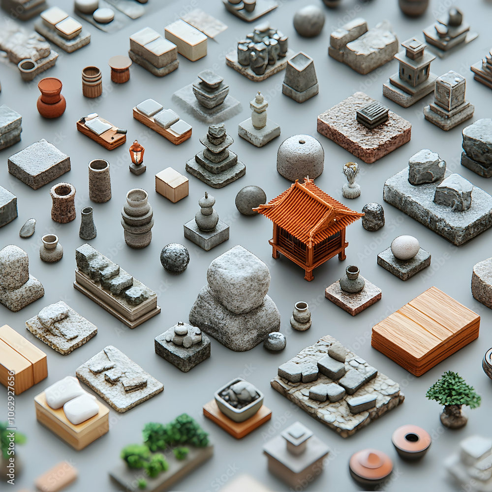 Poster a collection of miniature stone and wood objects arranged in a grid on a gray background.