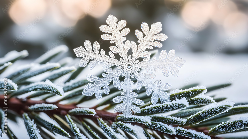 Poster a delicate snowflake rests on a frosted evergreen branch, bathed in soft sunlight.