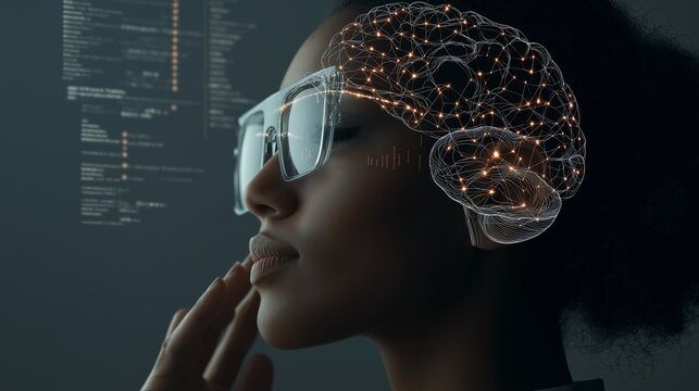 In a modern research facility, a woman studies complex neural networks using advanced holographic brain visualizations on multiple floating screens illuminated by dramatic lighting