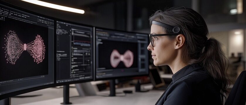 A quantum computing compiler engineer focuses on optimizing quantum circuits at a workstation with ultrawide displays showing complex data visualizations and holographic qubit states