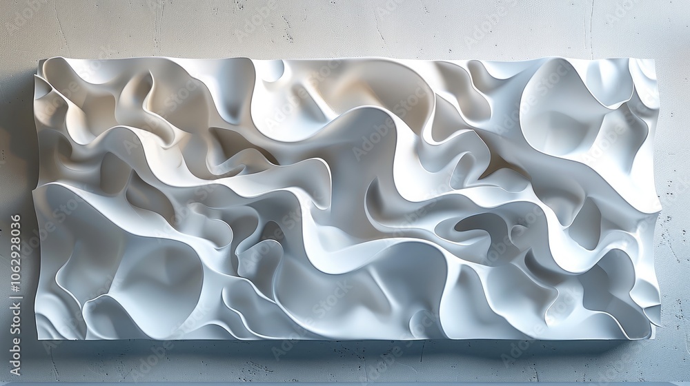 Poster 3D render of white abstract wavy shapes on the wall, simple background.