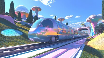 Fototapeta premium Whimsical Retro-Futuristic Train Journey Through Vibrant Landscape | 3D Render Illustration with Unique Architectural Elements