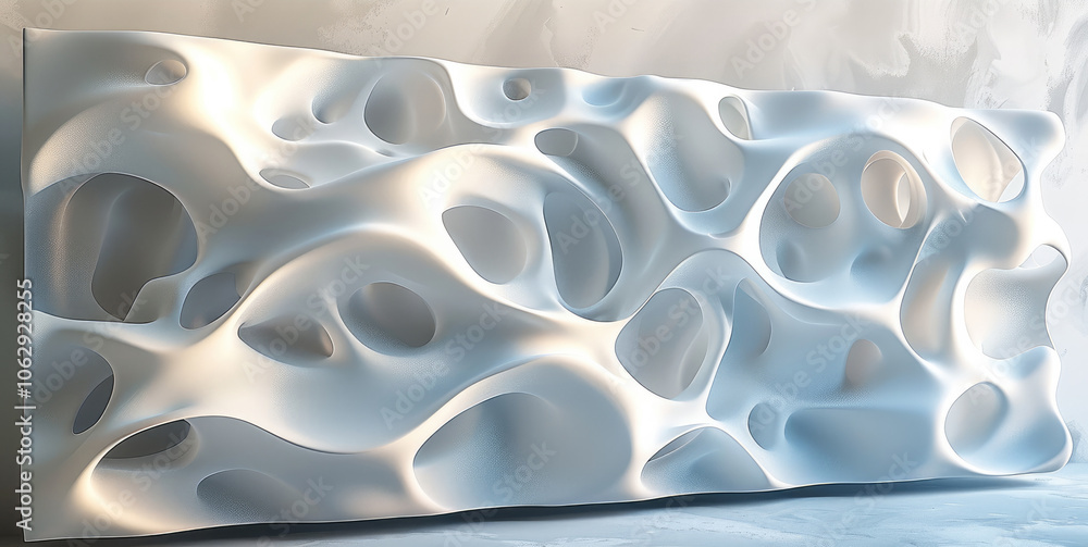Poster 3d render of white abstract wavy shapes on the wall, simple background.