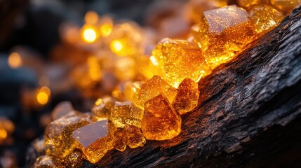 Golden Amber Crystals on Dark Surface