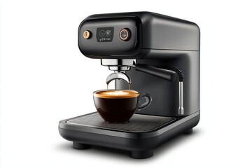 Sleek black espresso machine with a warm cup waiting. This stylish coffee maker enhances any kitchen space. Perfect for coffee lovers. Generative AI