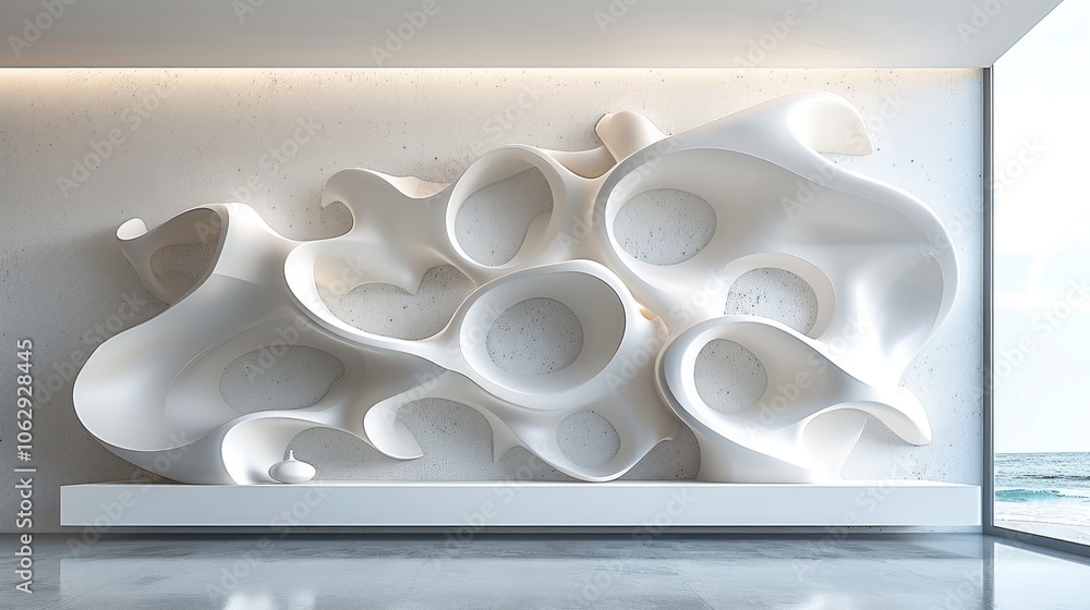 Poster 3d render of white abstract wavy shapes on the wall, simple background.