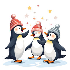 Fototapeta premium Three cheerful penguins in winter hats celebrate together under a starlit sky, digital illustration of whimsical scene concept.