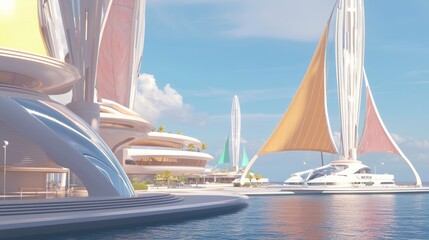 Futuristic Ferry Terminal Illustration with Colorful Sails and Elegant Boats Ready for Journeys