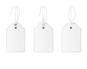 Three white tags hanging from a string. on isolated transparent background