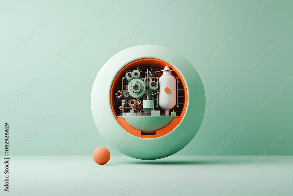 Poster minimalist spherical composition with intricate inner workings serving as a symbolic representation 