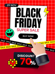 Retro Black Friday sale banner with modern 3d hand. Discount voucher, special price off event banner template. Sale Retro banner with 3d hand and y2k elements.