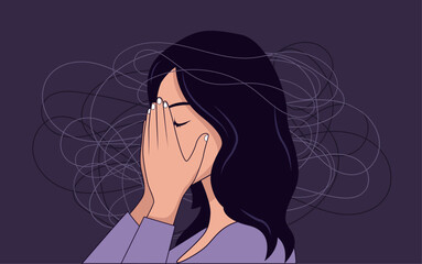 Fatigue and exhausted woman - Sad female person with hands covering face suffering from depression, anxiety, dizziness or headache, feeling sad and depressed. Flat design vector stock illustration