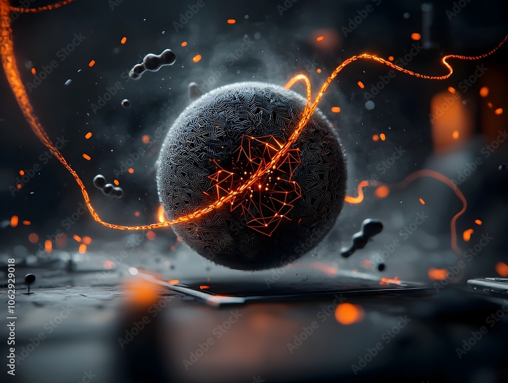 Poster radiant molecular sphere with interwoven energy conduits pulsating geometric patterns and kaleidosco