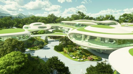 Futuristic Healthcare Facility with Organic Design Surrounded by Tranquil Gardens | 3D Render Ultra-Detailed Illustration