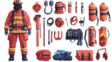 Cartoon Firefighter in Full Gear Extinguishing Fire – Vector Illustration on White Background