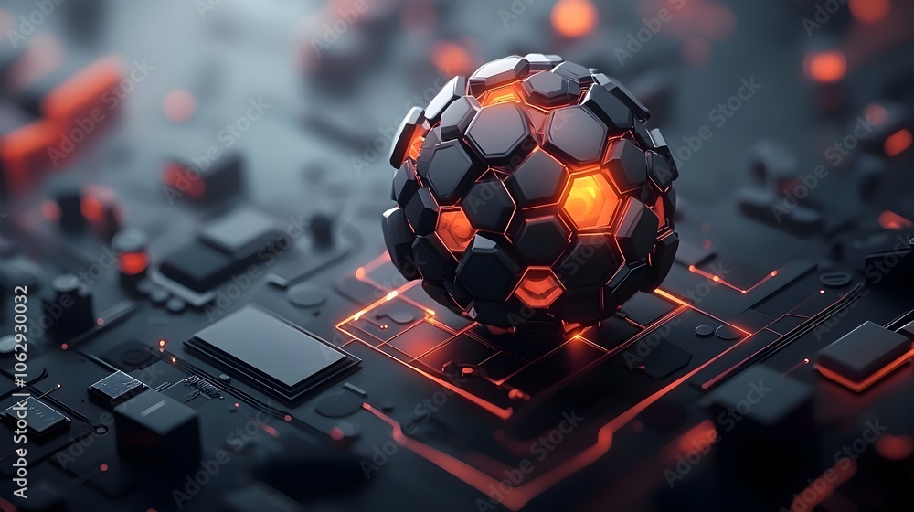 Poster spherical molecular structure with dynamic motion and luminescent glow intricate geometric patterns 