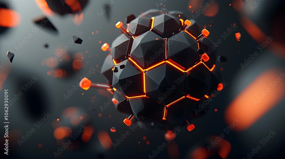 Poster spherical molecular structure in dynamic motion emitting a luminescent glow and showcasing intricate