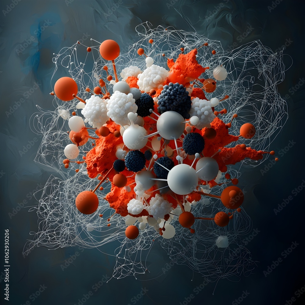 Poster captivating abstract visualization of a spherical molecular aggregation showcasing an intricate netw