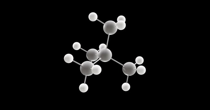 Neopentane molecule, rotating 3D model of alkane, looped video on a black background