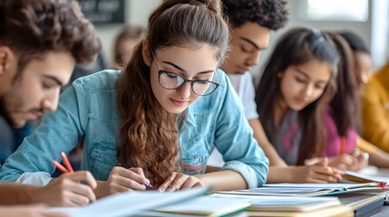 Focused Students Studying Together in Classroom
