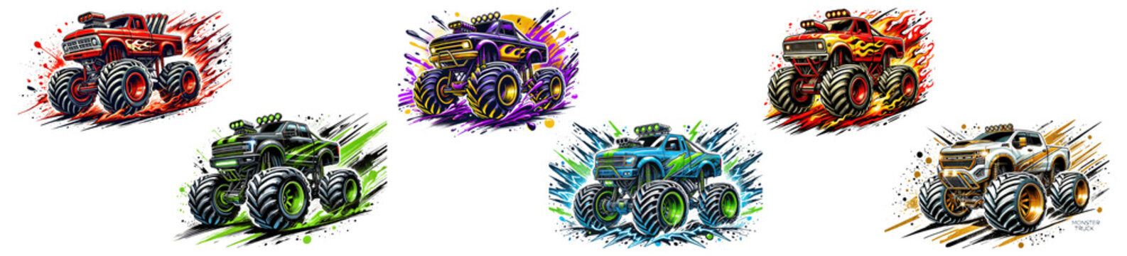 Set of colorful monster trucks with dynamic splash, isolated on transparent background