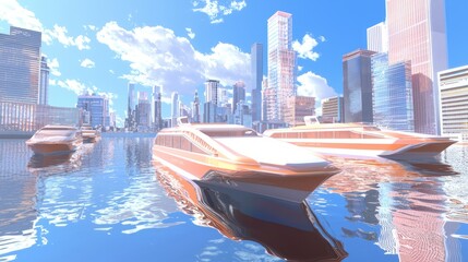 Naklejka premium Retro-Futuristic Ferry Adventure: 3D Render of Vibrant Water Travel with Sleek Boats and City Skyline Views