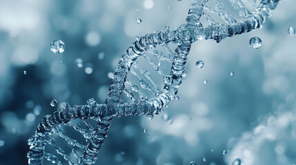 A DNA strand made of water droplets, symbolizing the essential role of water in life and genetics.