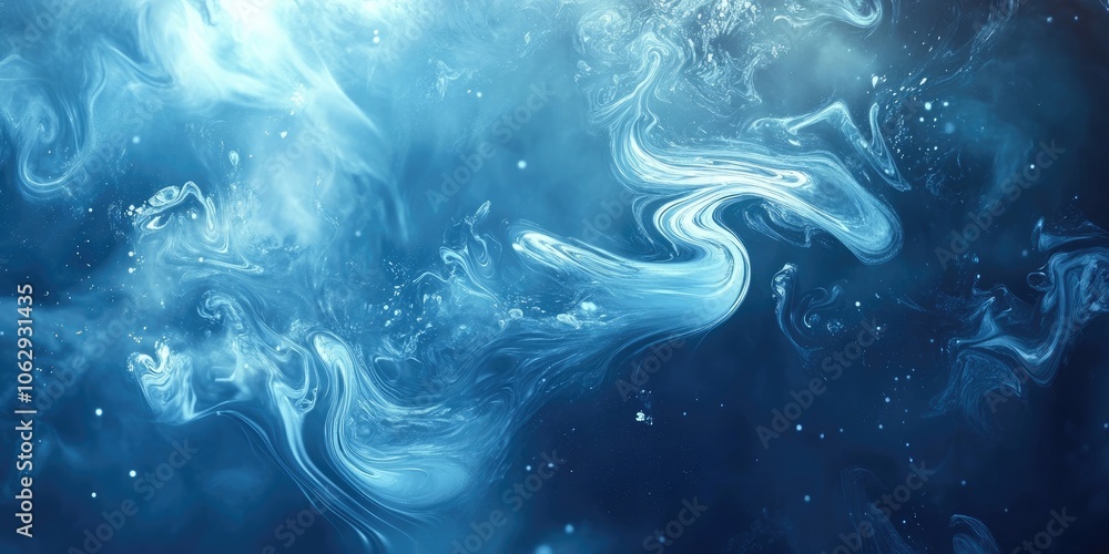 Poster blurry swirling forms of various shapes dance across a blue backdrop, creating an abstract visual ef