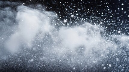 Snow particles and snow dust create captivating winter backgrounds. Delicate white powder spray against a dark backdrop emphasizes the beauty of snow particles and snow dust.