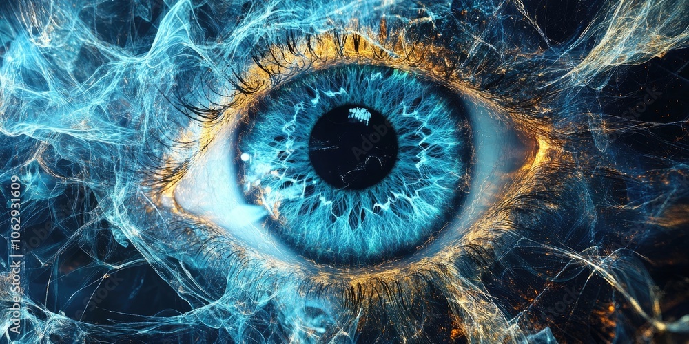 Poster a spinning abstraction featuring a futuristic eye or sci fi inspired digital blue curves, creating a