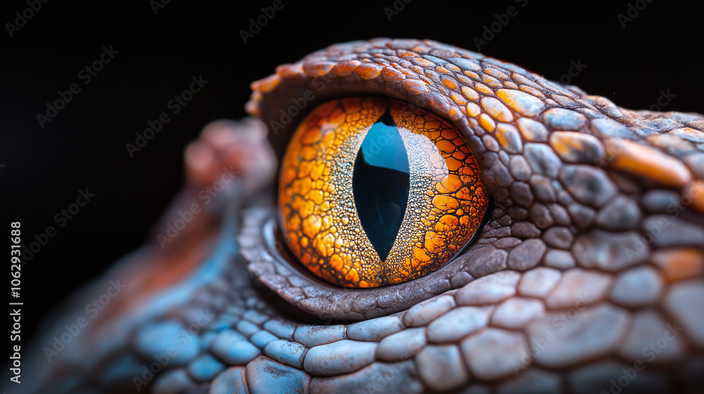 Poster close up macro shot of reptilian eye showcasing intricate details and vibrant colors. striking orang