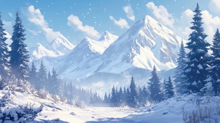 Winter landscape filled with snow-covered mountains and majestic pine trees, creating a serene and tranquil winter atmosphere. Ideal for winter-themed concepts with ample copy space.