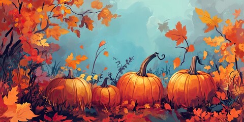 The autumn landscape showcases bright pumpkins surrounded by colorful foliage and leaves, creating a lively and picturesque seasonal atmosphere.
