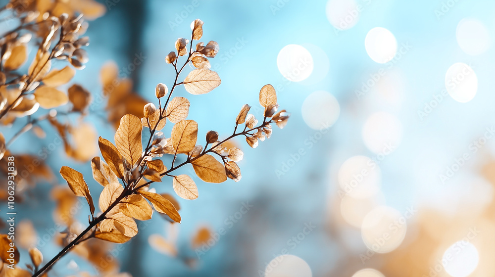 Poster golden leaves on branch with soft focus and bokeh background create serene atmosphere. gentle light 