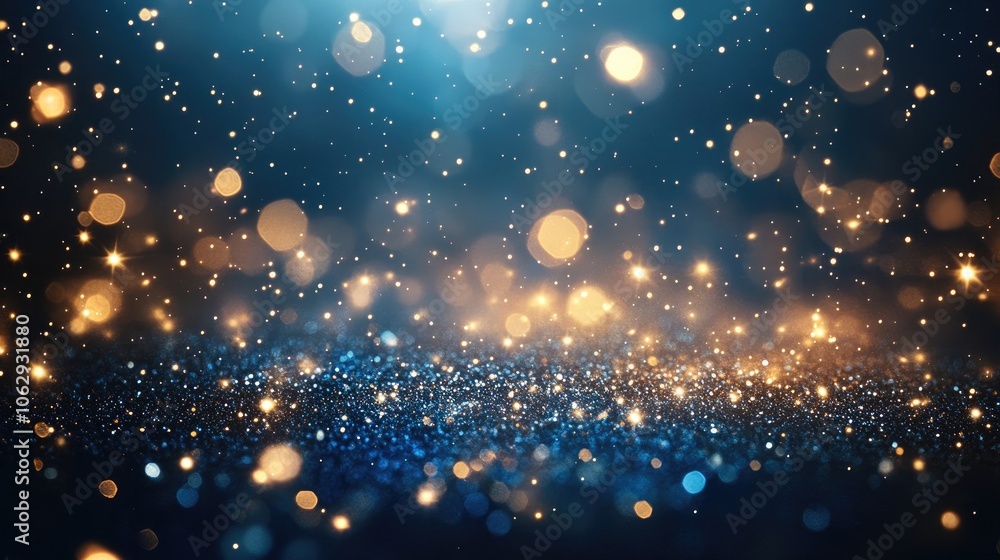 Poster blue sparkling background with golden stars creates a mesmerizing visual effect. this captivating bl