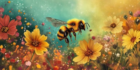 A bee gathers nectar for pollination while flying from flower to flower in a vibrant, blooming garden full of life and color. The bee plays a crucial role in pollination.