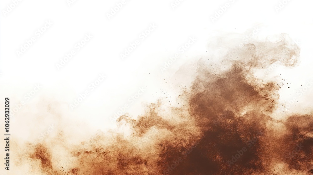 Poster swirling dense cloud of brown dust disperses against a white background, creating a textured abstrac