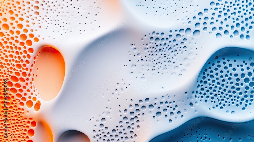 Poster white surface with holes and droplets creates a unique visual effect. the blue and orange background