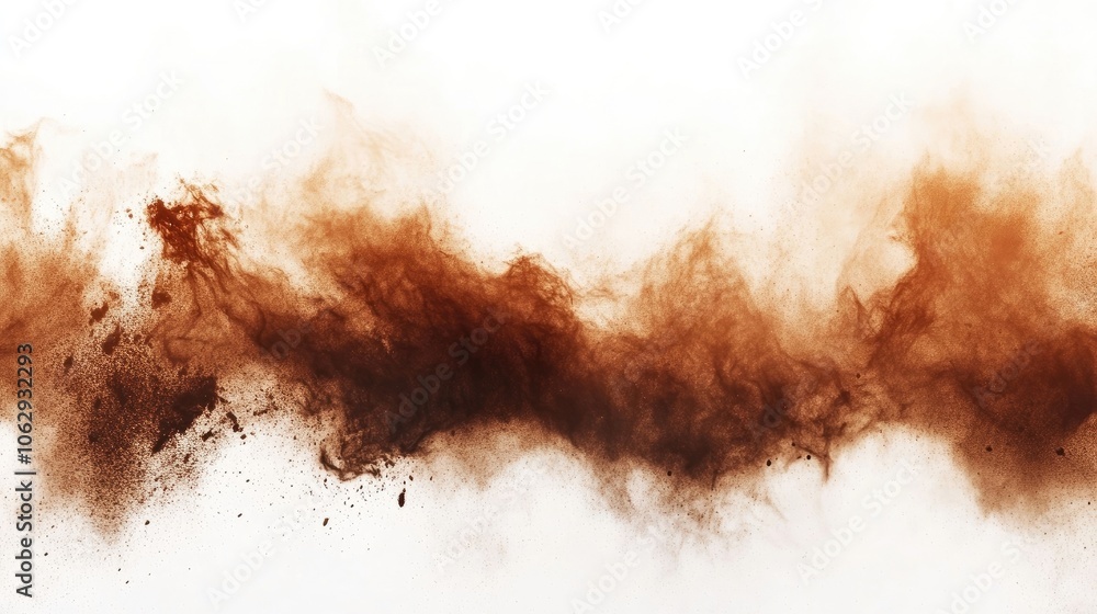 Poster swirling dense cloud of brown dust disperses against a white background, creating a textured abstrac
