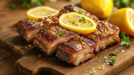 Grilled Pork Belly with Lemon Garnish on Wooden Board