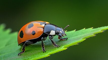 Naklejka premium vibrant ladybug perched on green leaf, showcasing its striking orange and black spots. This macro shot highlights intricate details and sharp contrast of insect features