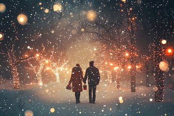 Romantic Winter Walk Through Sparkling Snowflakes Under Fairy Lights at Night