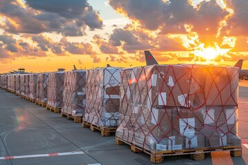 Military aircraft at sunset  cargo delivery for humanitarian aid or ammunition at airport