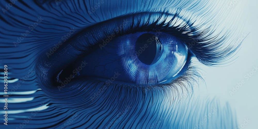 Poster a spinning abstraction featuring a futuristic eye or sci fi inspired digital blue curves, creating a