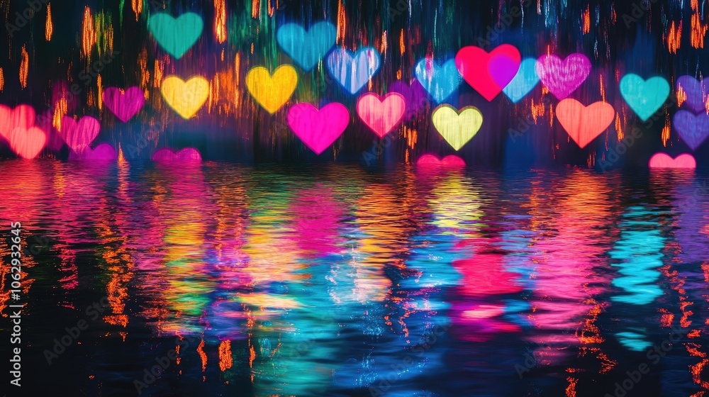 Aufkleber vibrant neon colors create a whimsical display of defocused hearts reflected in water, with ample co
