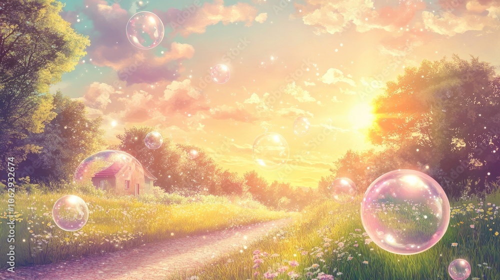 Poster floating fragile soap bubbles create a sense of summer joy, captured in a vector illustration. the d