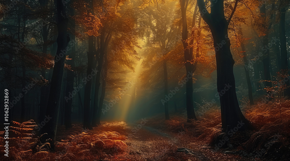 Poster deep within a lush forest in autumn, dark.