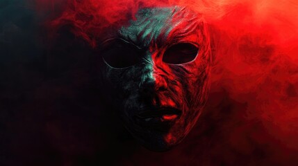 Haunted mask characterized by a twisted face in eerie red and black tones, contributing to a chilling atmosphere ideal for horror-themed visuals and dramatic storytelling.