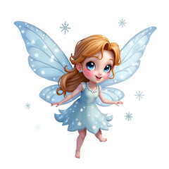 Fototapeta premium A charming fairy dances joyfully amid enchanting snowflakes in a whimsical winter wonderland, digital art of fantasy character design concept.