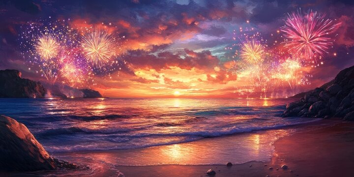 New Year Celebration Greeting Card or Banner featuring a stunning ocean beach sunset accompanied by vibrant fireworks. Includes an area for your personalized message.